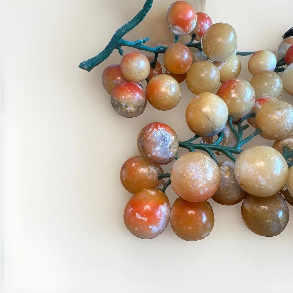 Vintage Alabaster Stone Fruit Grapes 3 Cluster Orange Yellow Plastic Stem *READ
